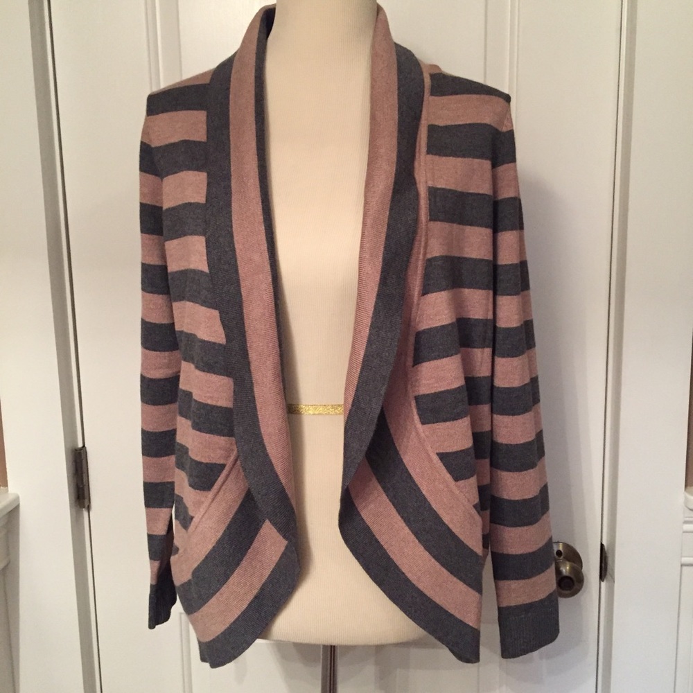 VERVE AMI SWEATER NEW CARDIGAN OPEN FRONT TAN GRAY STRIPE Size M NWT